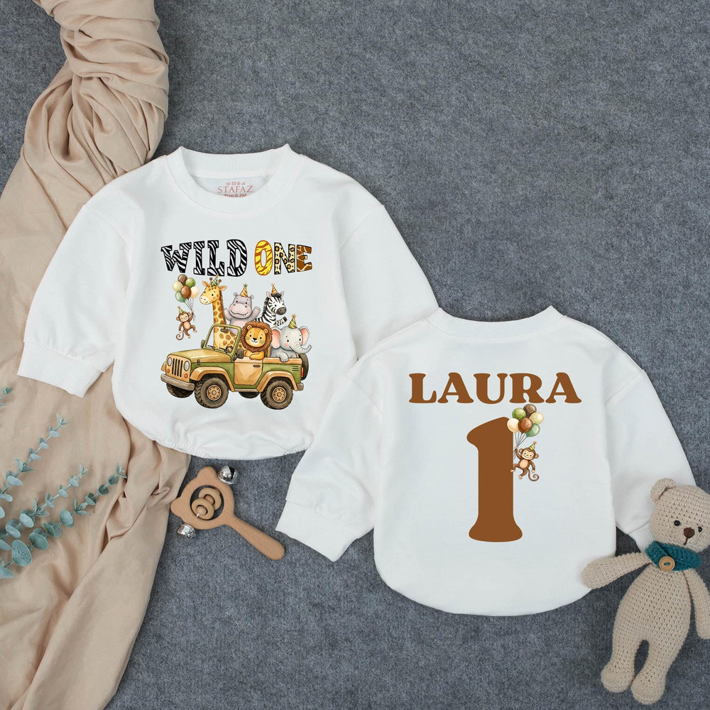 Personalized Wild One Birthday Outfit for Baby Boy, Safari 1st Birthday Romper with Jungle Animals, Cake Smash Shirt, Custom Name Design