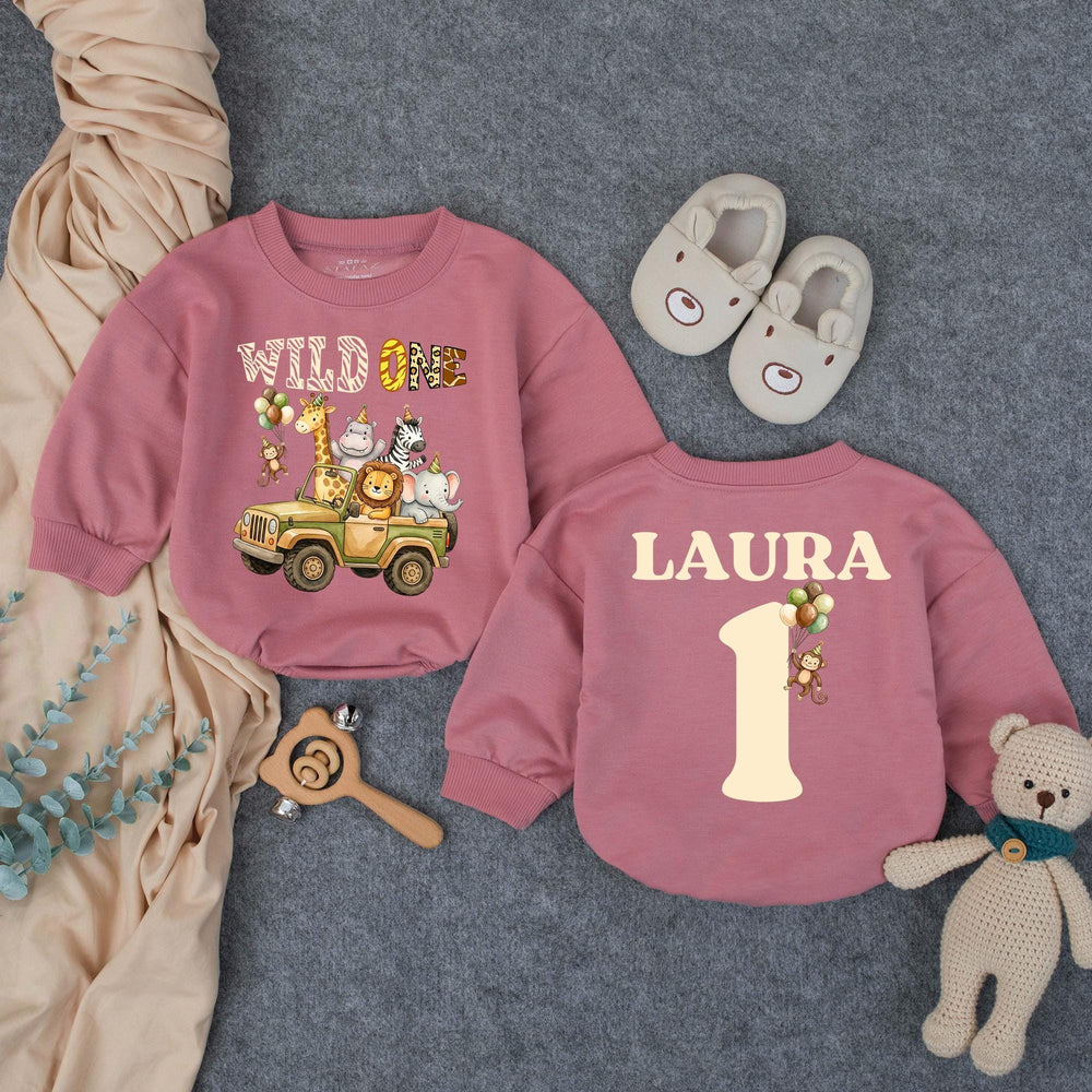 Personalized Wild One Birthday Outfit for Baby Boy, Safari 1st Birthday Romper with Jungle Animals, Cake Smash Shirt, Custom Name Design