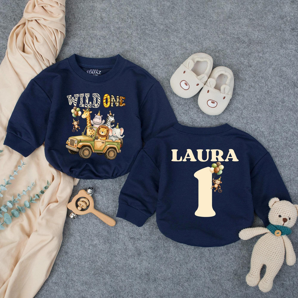 Personalized Wild One Birthday Outfit for Baby Boy, Safari 1st Birthday Romper with Jungle Animals, Cake Smash Shirt, Custom Name Design