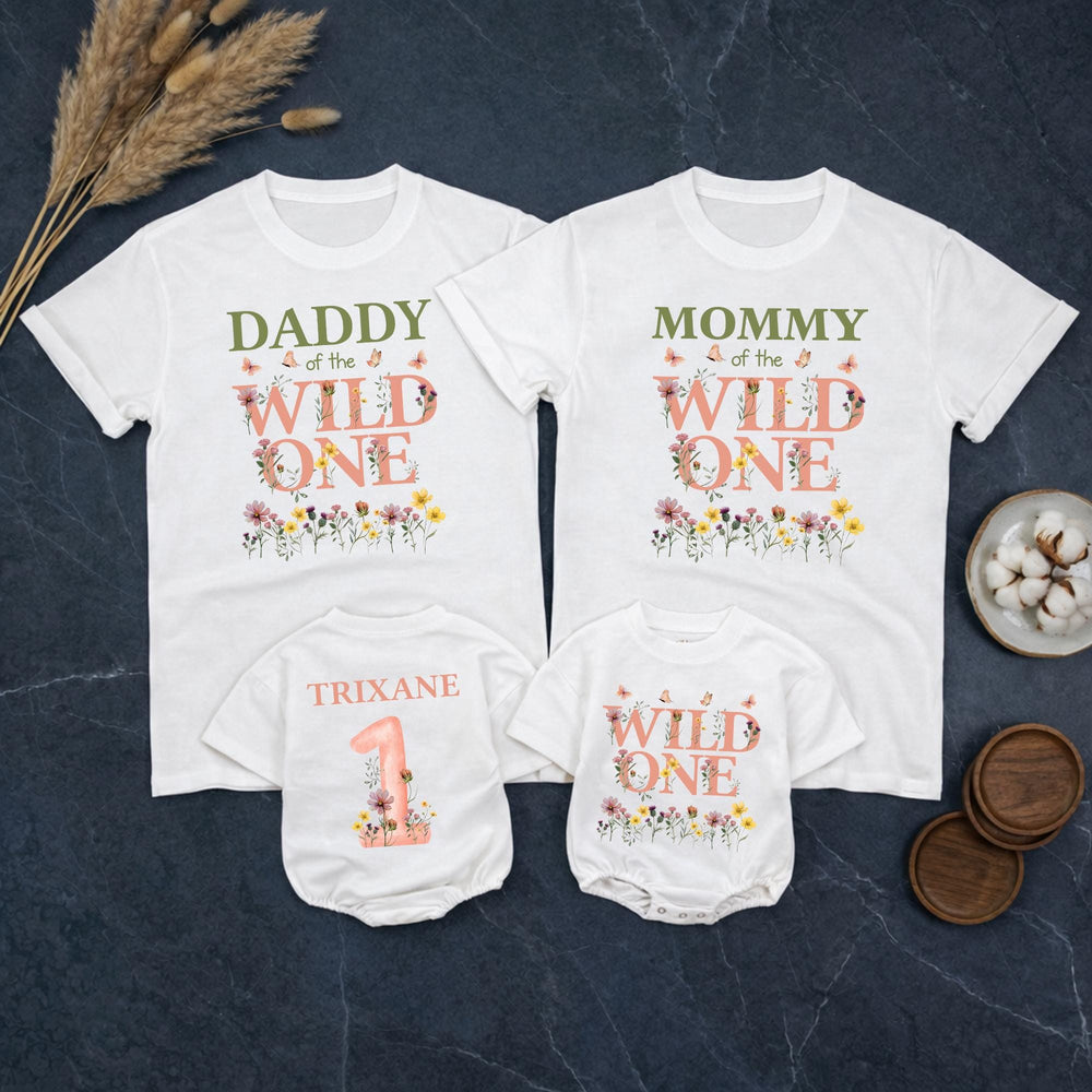 Personalized Wild One Birthday Outfit for Baby Girl, Floral First Birthday Shirt, Custom Family Matching Party Clothes with Butterfly Design