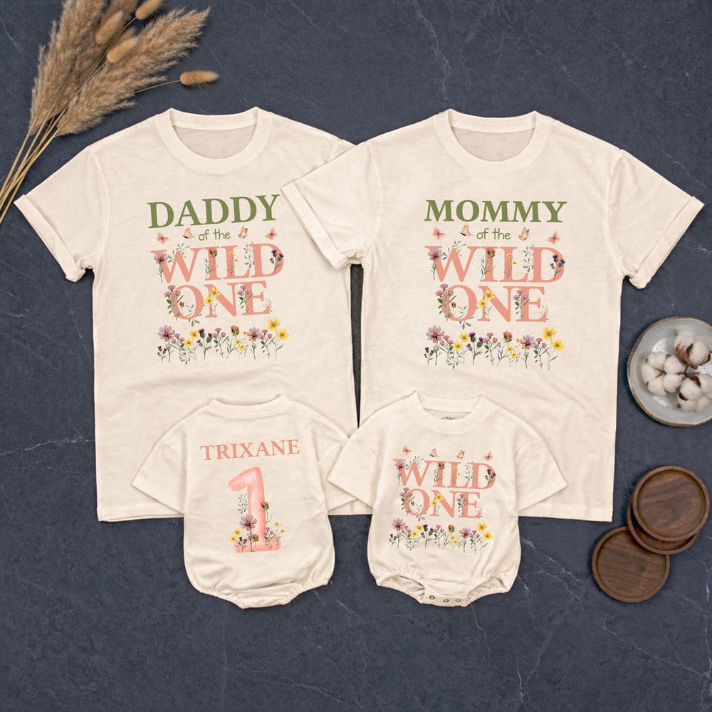 Personalized Wild One Birthday Outfit for Baby Girl, Floral First Birthday Shirt, Custom Family Matching Party Clothes with Butterfly Design