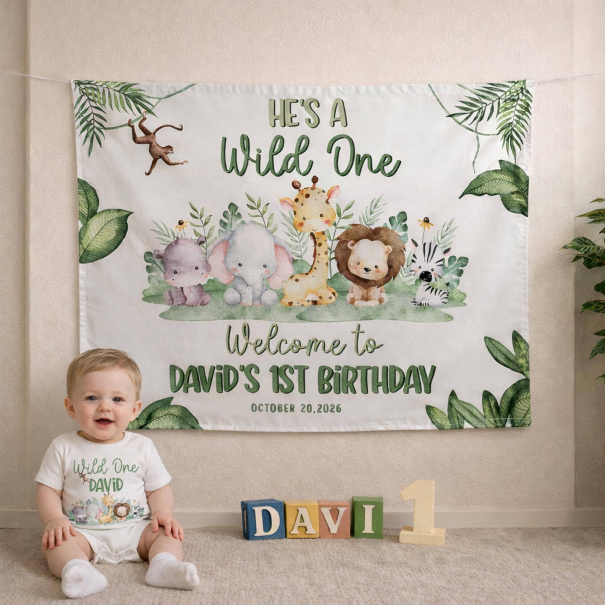 Personalized Wild One Birthday Romper and Banner Jungle Safari Baby Outfit Custom Name Party Decor Cute Watercolor Animals First Birthday