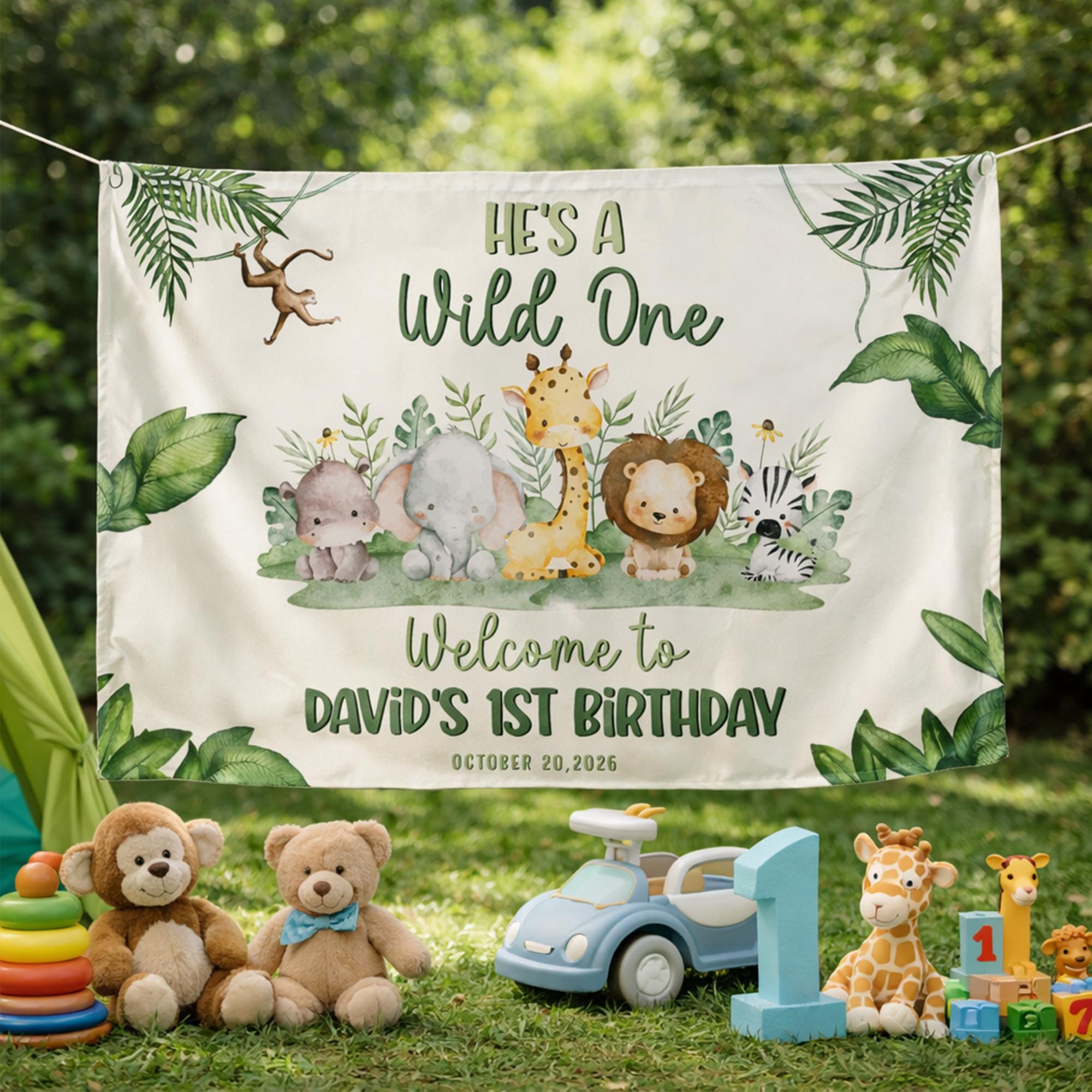 Personalized Wild One Birthday Romper and Banner Jungle Safari Baby Outfit Custom Name Party Decor Cute Watercolor Animals First Birthday