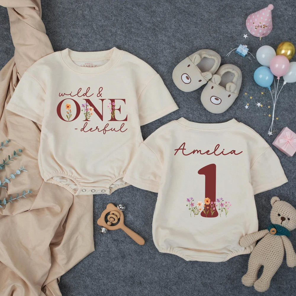 Personalized Wild and One-derful First Birthday Outfit for Baby Girl, Boho Romper with Floral Design, Cake Smash Party Clothes