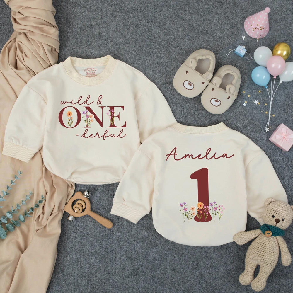 Personalized Wild and One-derful First Birthday Outfit for Baby Girl, Boho Romper with Floral Design, Cake Smash Party Clothes