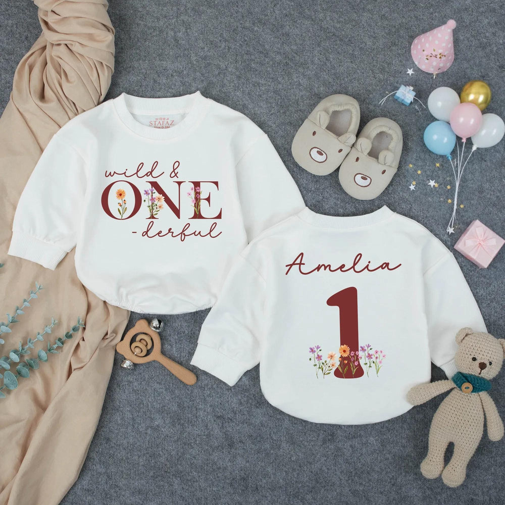 Personalized Wild and One-derful First Birthday Outfit for Baby Girl, Boho Romper with Floral Design, Cake Smash Party Clothes