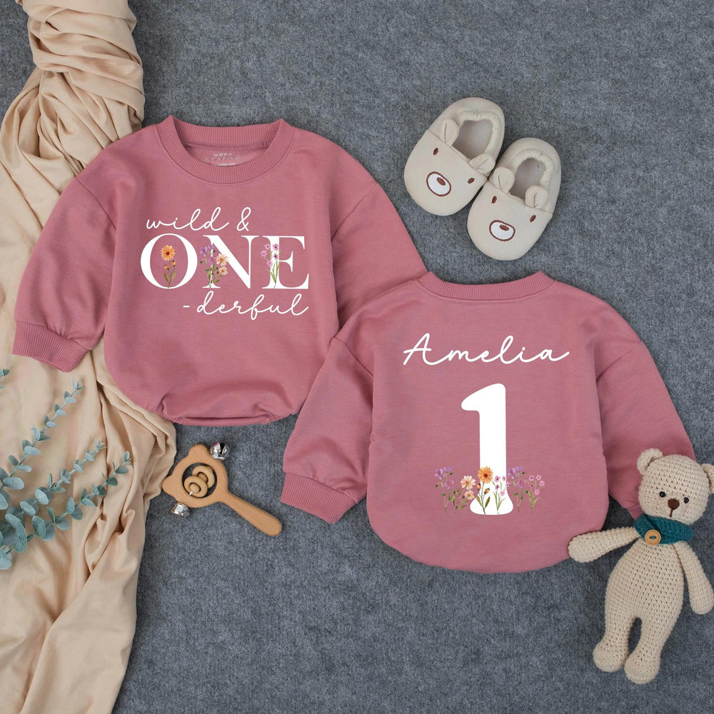 Personalized Wild and One-derful First Birthday Outfit for Baby Girl, Boho Romper with Floral Design, Cake Smash Party Clothes