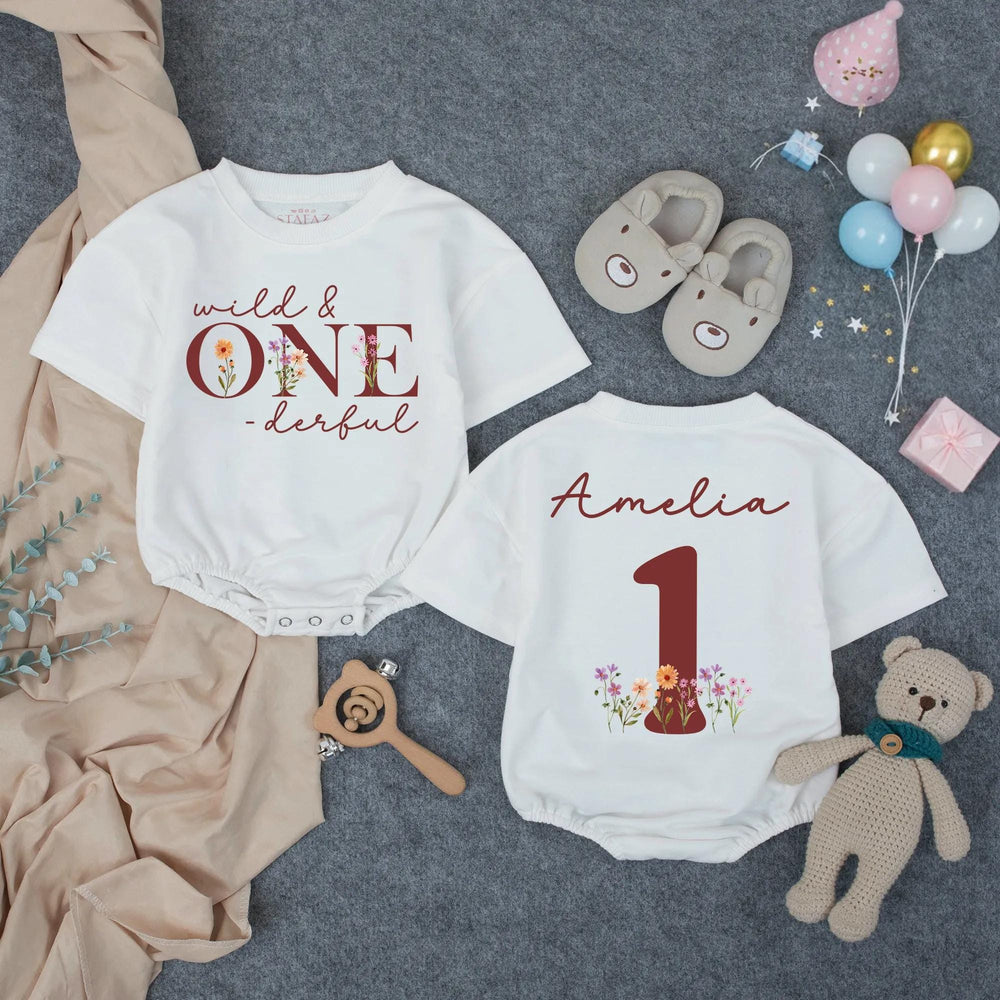 Personalized Wild and One-derful First Birthday Outfit for Baby Girl, Boho Romper with Floral Design, Cake Smash Party Clothes