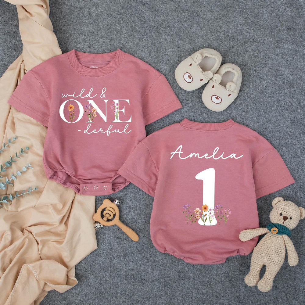 Personalized Wild and One-derful First Birthday Outfit for Baby Girl, Boho Romper with Floral Design, Cake Smash Party Clothes