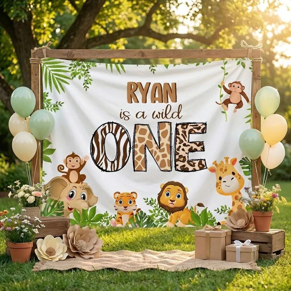 Personalized Wild One First Birthday Silk Banner with Jungle Animals Custom Name Safari Party Backdrop for Baby Boy Celebration Decor
