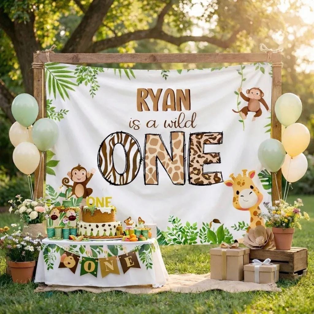 Personalized Wild One First Birthday Silk Banner with Jungle Animals Custom Name Safari Party Backdrop for Baby Boy Celebration Decor