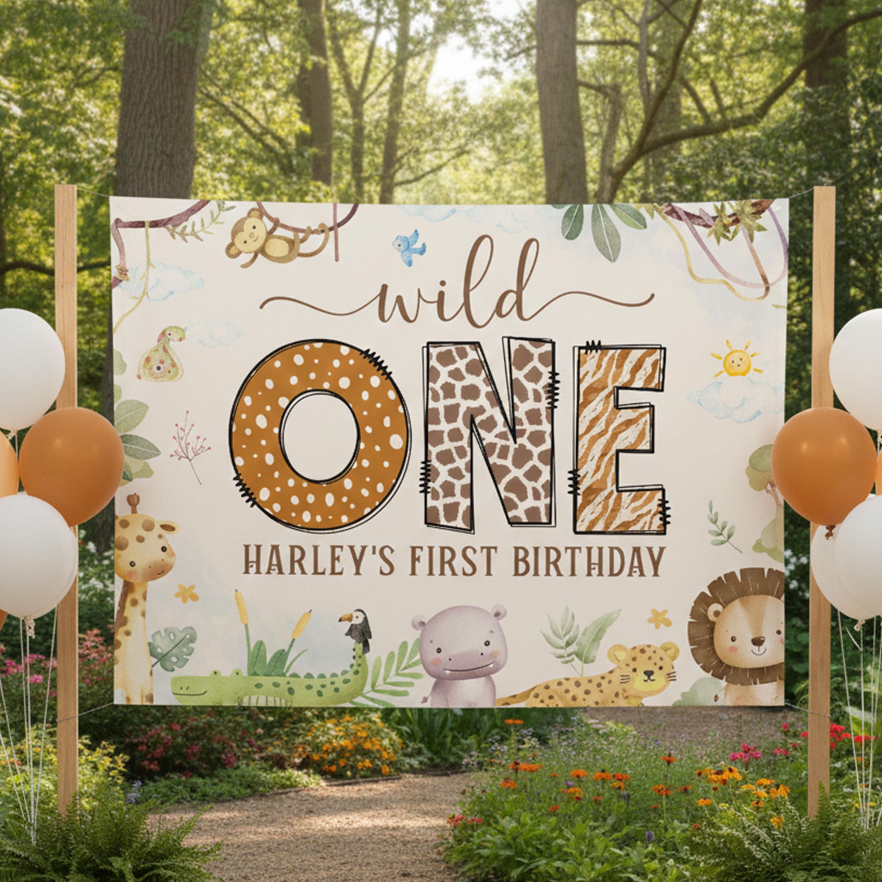 Personalized Wild One First Birthday Silk Banner with Safari Animals, Custom Photo Backdrop for Baby Party Decor, Cream Jungle Theme Design