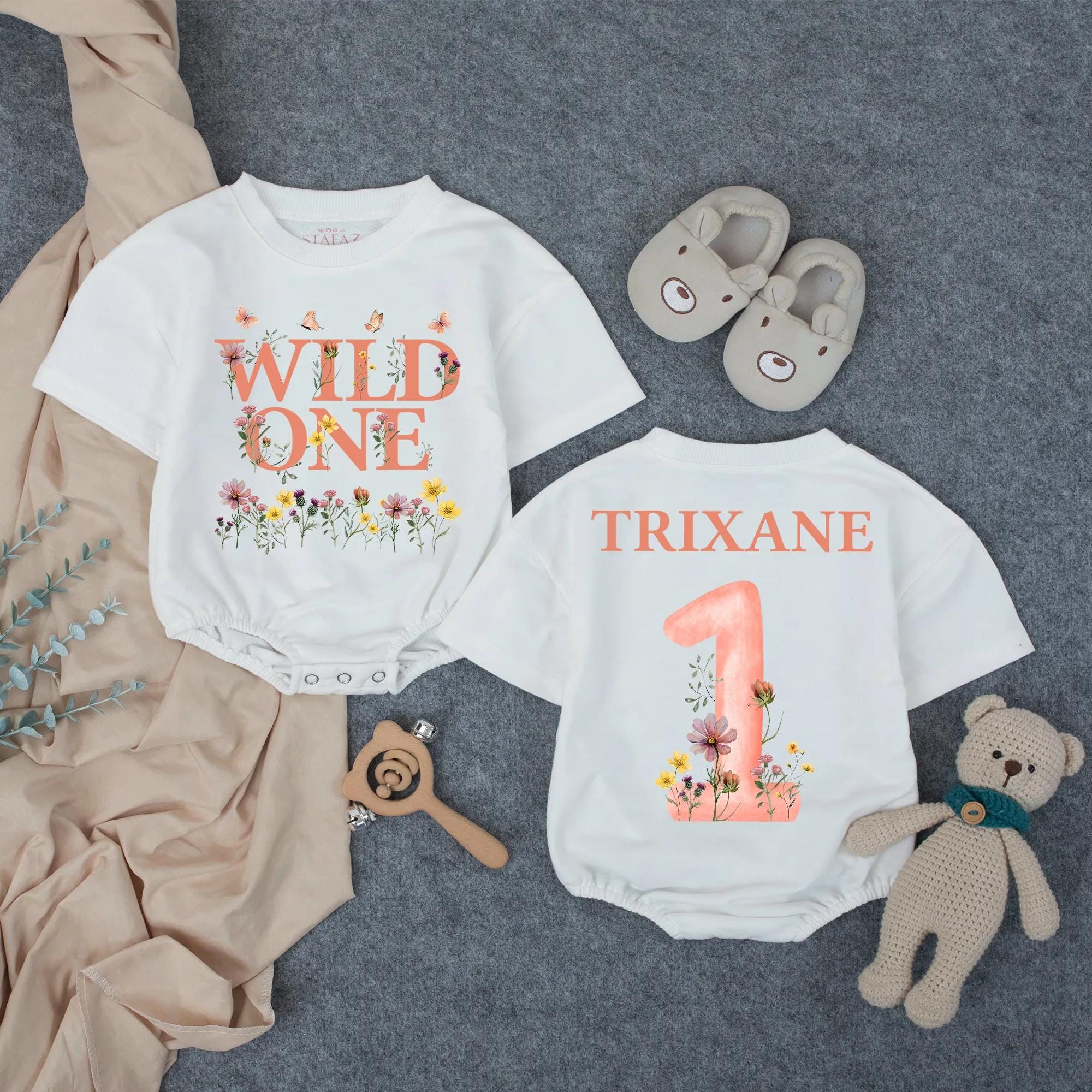 Personalized Wild One Floral First Birthday Outfit for Baby Girl Boho Romper with Watercolor Flowers Cake Smash Party Clothes Gift