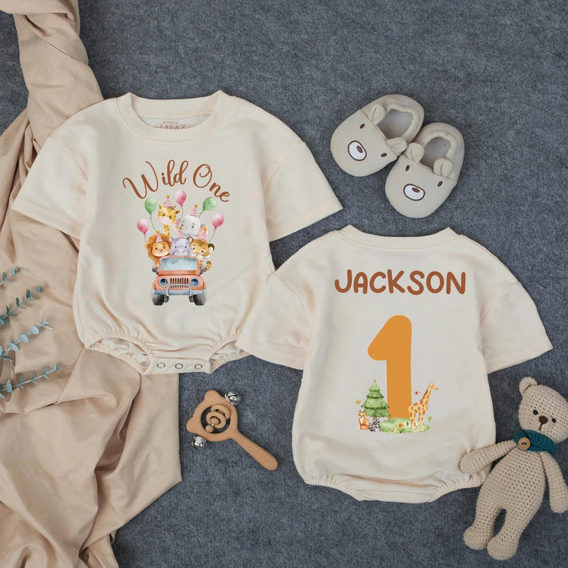 Personalized Wild One Safari Baby Romper with Zoo Animals, Custom Name & Age, Soft Cotton 1st Birthday Outfit for Boys, Summer Party Wear