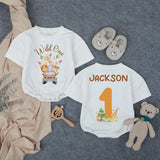Personalized Wild One Safari Baby Romper with Zoo Animals, Custom Name & Age, Soft Cotton 1st Birthday Outfit for Boys, Summer Party Wear