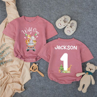 Personalized Wild One Safari Baby Romper with Zoo Animals, Custom Name & Age, Soft Cotton 1st Birthday Outfit for Boys, Summer Party Wear