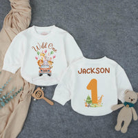 Personalized Wild One Safari Baby Romper with Zoo Animals, Custom Name & Age, Soft Cotton 1st Birthday Outfit for Boys, Summer Party Wear