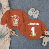 Personalized Wild One Safari Baby Romper with Zoo Animals, Custom Name & Age, Soft Cotton 1st Birthday Outfit for Boys, Summer Party Wear