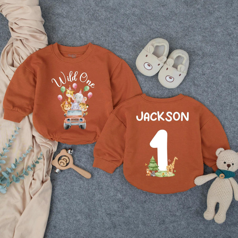 Personalized Wild One Safari Baby Romper with Zoo Animals, Custom Name & Age, Soft Cotton 1st Birthday Outfit for Boys, Summer Party Wear