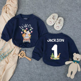 Personalized Wild One Safari Baby Romper with Zoo Animals, Custom Name & Age, Soft Cotton 1st Birthday Outfit for Boys, Summer Party Wear