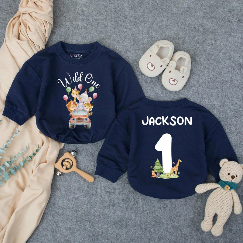 Personalized Wild One Safari Baby Romper with Zoo Animals, Custom Name & Age, Soft Cotton 1st Birthday Outfit for Boys, Summer Party Wear