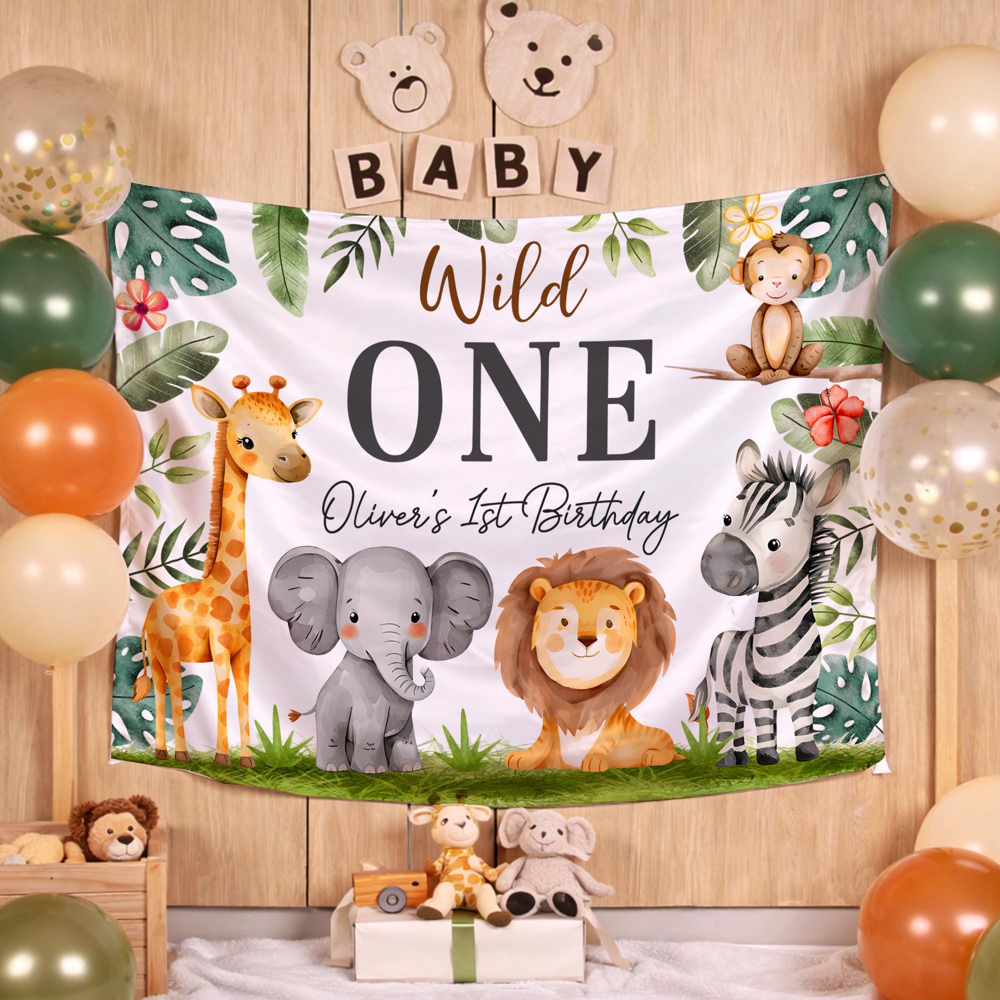 Personalized Wild One Safari Banner with Baby Animals, Tropical Leaves, Custom Name and Birthday Party Decor for Boys or Girls