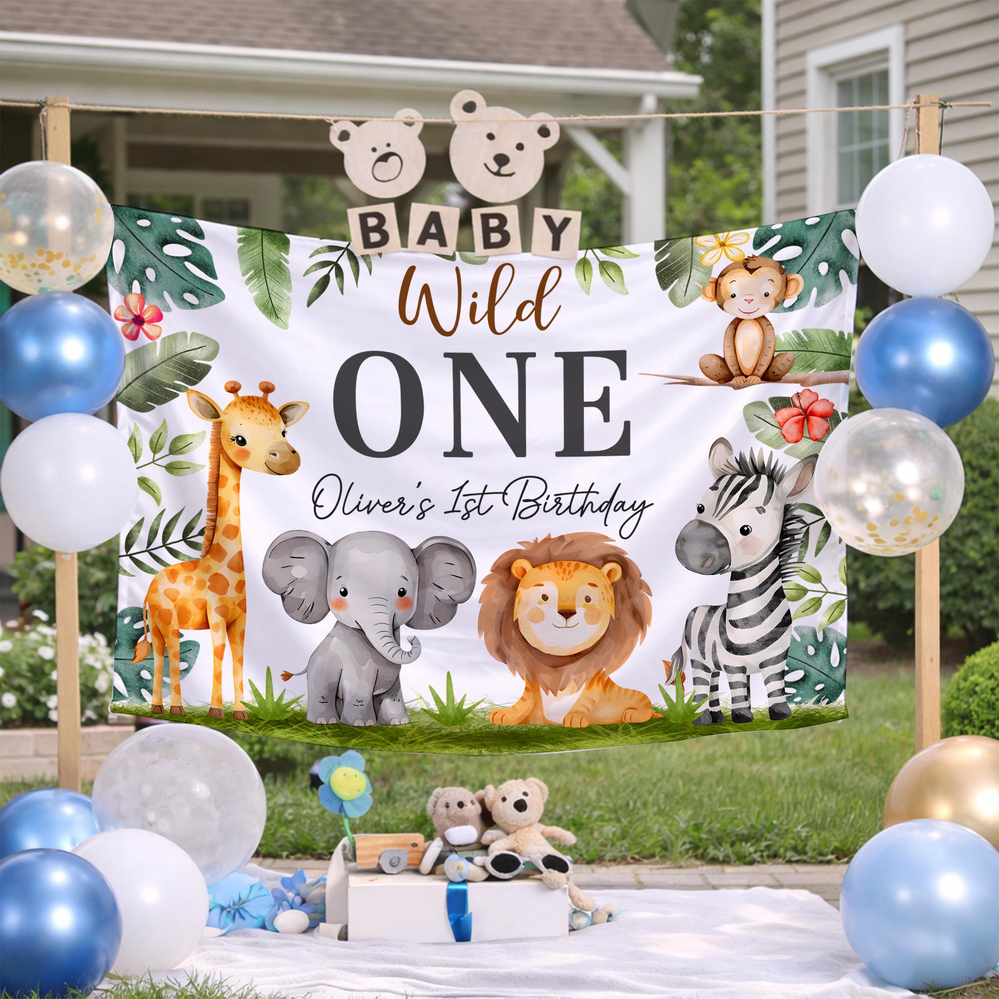 Personalized Wild One Safari Banner with Baby Animals, Tropical Leaves, Custom Name and Birthday Party Decor for Boys or Girls