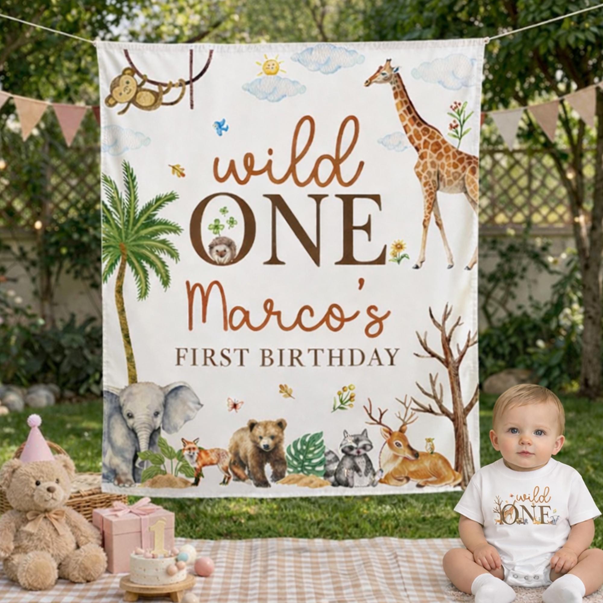 Personalized Wild One Safari Birthday Romper and Silk Banner with Giraffe Elephant Fox Bear Design for Baby First Party Decor Gift