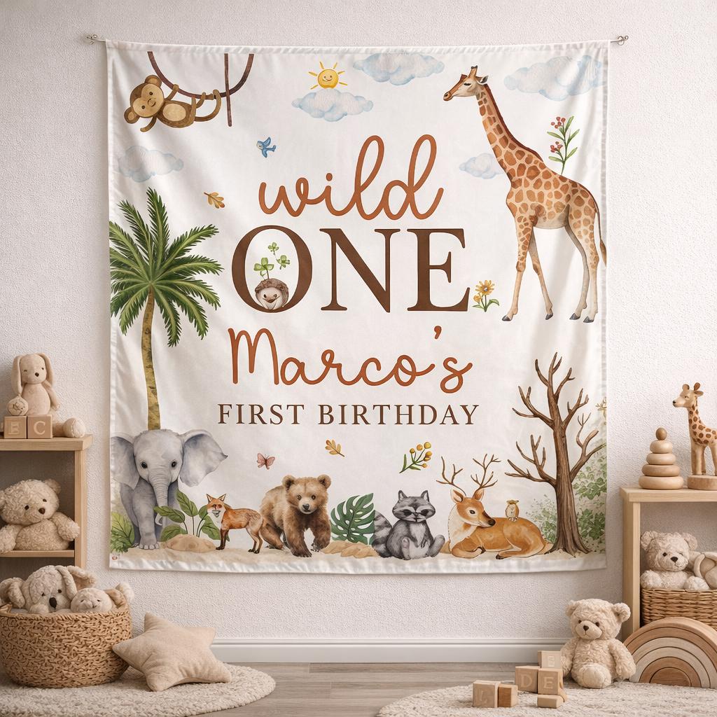 Personalized Wild One Safari Birthday Romper and Silk Banner with Giraffe Elephant Fox Bear Design for Baby First Party Decor Gift
