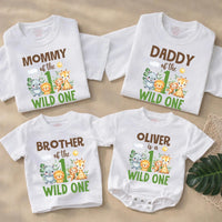 Personalized Wild One Safari Jungle 1st Birthday Outfit with Family Matching Shirts, Baby Boy Romper, Custom Names & Playful Animal Design