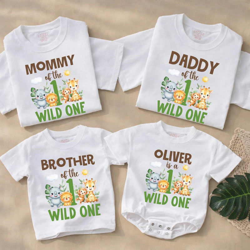 Personalized Wild One Safari Jungle 1st Birthday Outfit with Family Matching Shirts, Baby Boy Romper, Custom Names & Playful Animal Design