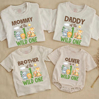 Personalized Wild One Safari Jungle 1st Birthday Outfit with Family Matching Shirts, Baby Boy Romper, Custom Names & Playful Animal Design