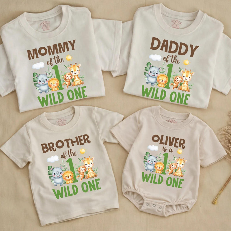 Personalized Wild One Safari Jungle 1st Birthday Outfit with Family Matching Shirts, Baby Boy Romper, Custom Names & Playful Animal Design