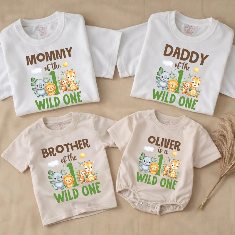 Personalized Wild One Safari Jungle 1st Birthday Outfit with Family Matching Shirts, Baby Boy Romper, Custom Names & Playful Animal Design