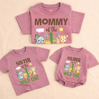Personalized Wild One Safari Jungle 1st Birthday Outfit with Family Matching Shirts, Baby Boy Romper, Custom Names & Playful Animal Design