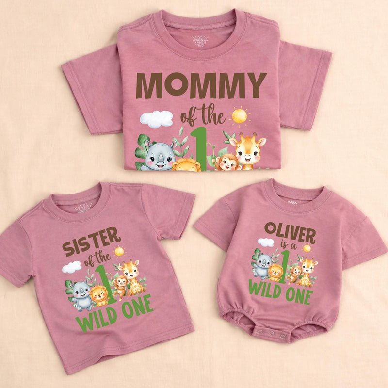 Personalized Wild One Safari Jungle 1st Birthday Outfit with Family Matching Shirts, Baby Boy Romper, Custom Names & Playful Animal Design