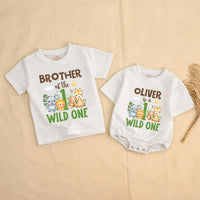 Personalized Wild One Safari Jungle 1st Birthday Outfit with Family Matching Shirts, Baby Boy Romper, Custom Names & Playful Animal Design