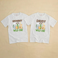 Personalized Wild One Safari Jungle 1st Birthday Outfit with Family Matching Shirts, Baby Boy Romper, Custom Names & Playful Animal Design