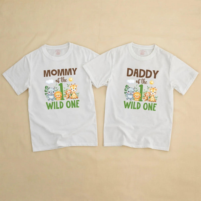 Personalized Wild One Safari Jungle 1st Birthday Outfit with Family Matching Shirts, Baby Boy Romper, Custom Names & Playful Animal Design