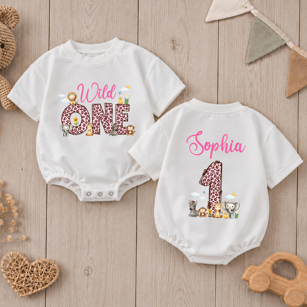 Personalized Wild One Safari Romper for Baby Girl First Birthday Outfit with Custom Name, Lion Giraffe Zebra Design Cake Smash Bodysuit