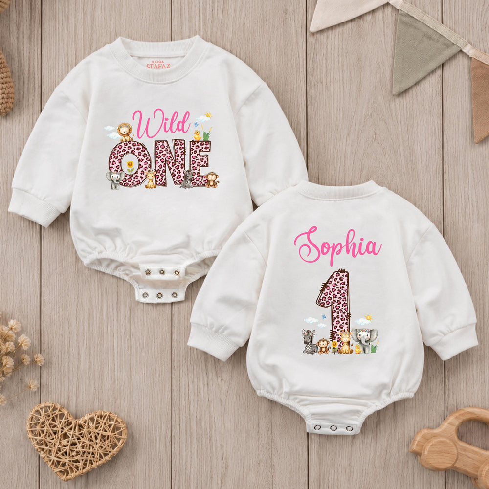 Personalized Wild One Safari Romper for Baby Girl First Birthday Outfit with Custom Name, Lion Giraffe Zebra Design Cake Smash Bodysuit