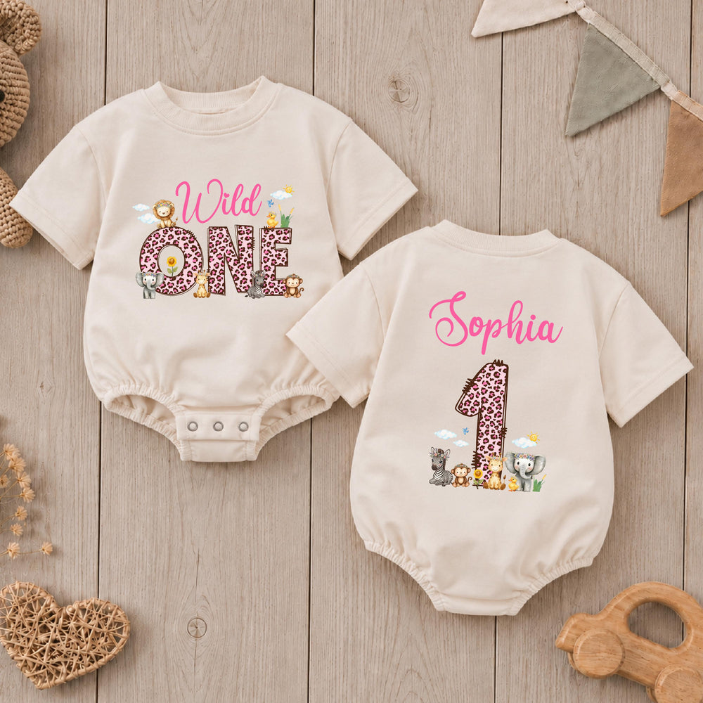 Personalized Wild One Safari Romper for Baby Girl First Birthday Outfit with Custom Name, Lion Giraffe Zebra Design Cake Smash Bodysuit