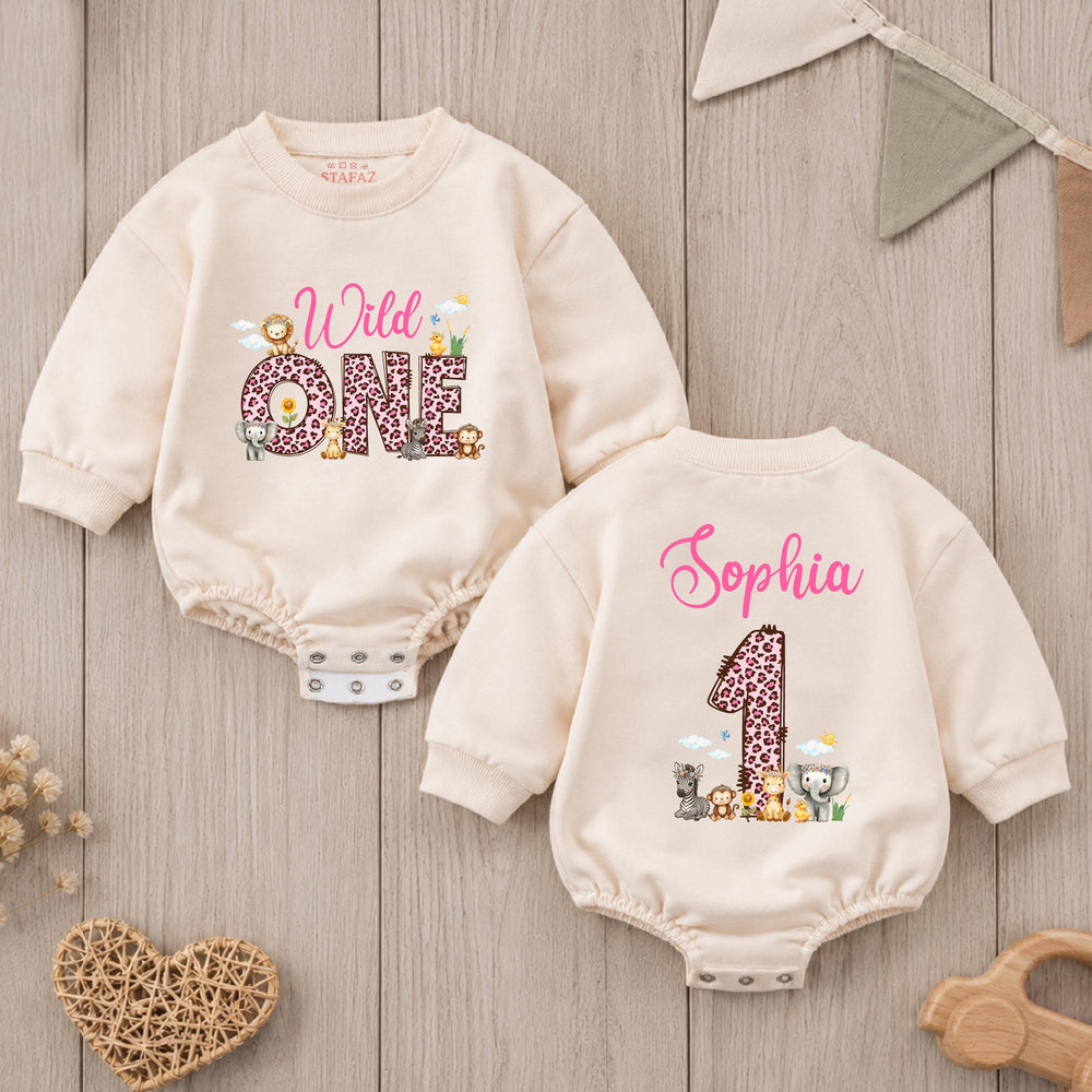 Personalized Wild One Safari Romper for Baby Girl First Birthday Outfit with Custom Name, Lion Giraffe Zebra Design Cake Smash Bodysuit