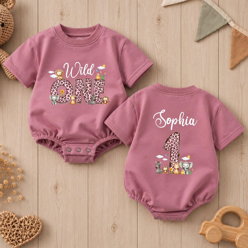 Personalized Wild One Safari Romper for Baby Girl First Birthday Outfit with Custom Name, Lion Giraffe Zebra Design Cake Smash Bodysuit