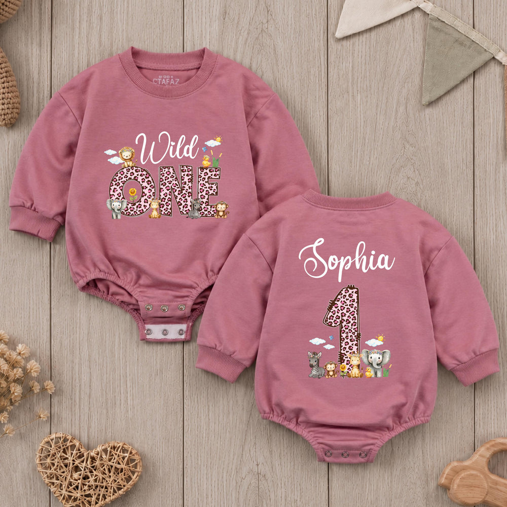 Personalized Wild One Safari Romper for Baby Girl First Birthday Outfit with Custom Name, Lion Giraffe Zebra Design Cake Smash Bodysuit