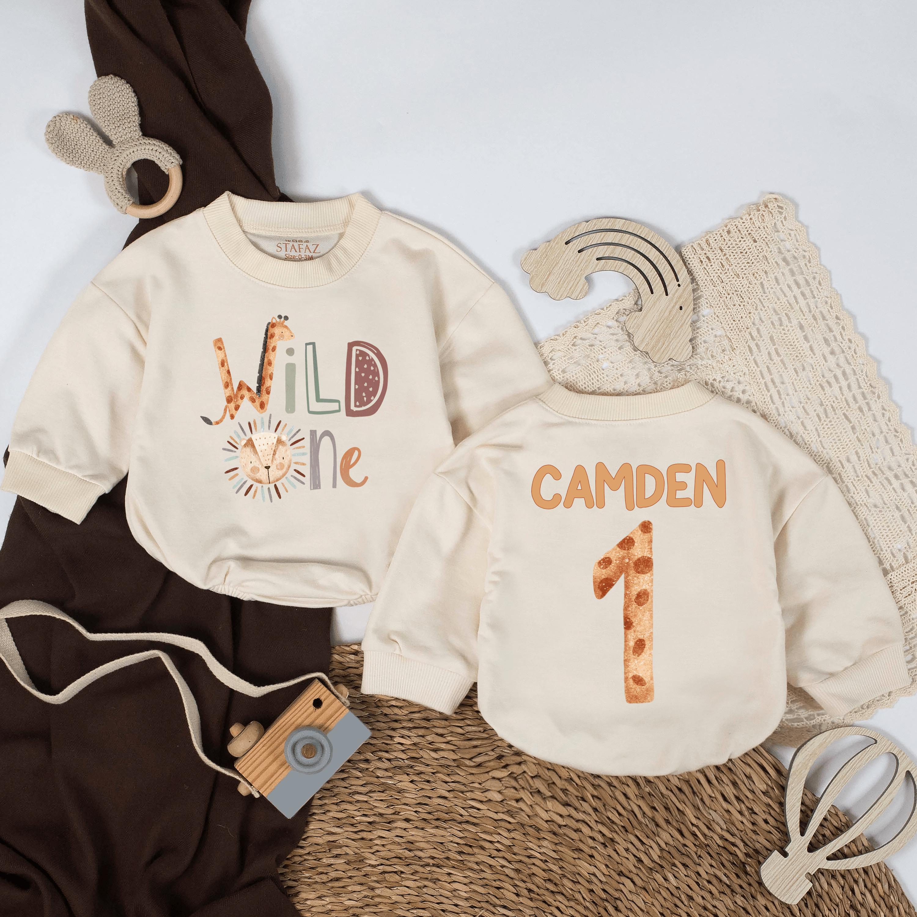 Personalized Wild One Safari Romper with Giraffe Lion Design, Custom Name Baby 1st Birthday Outfit Gift for Boys or Girls, Jungle Party