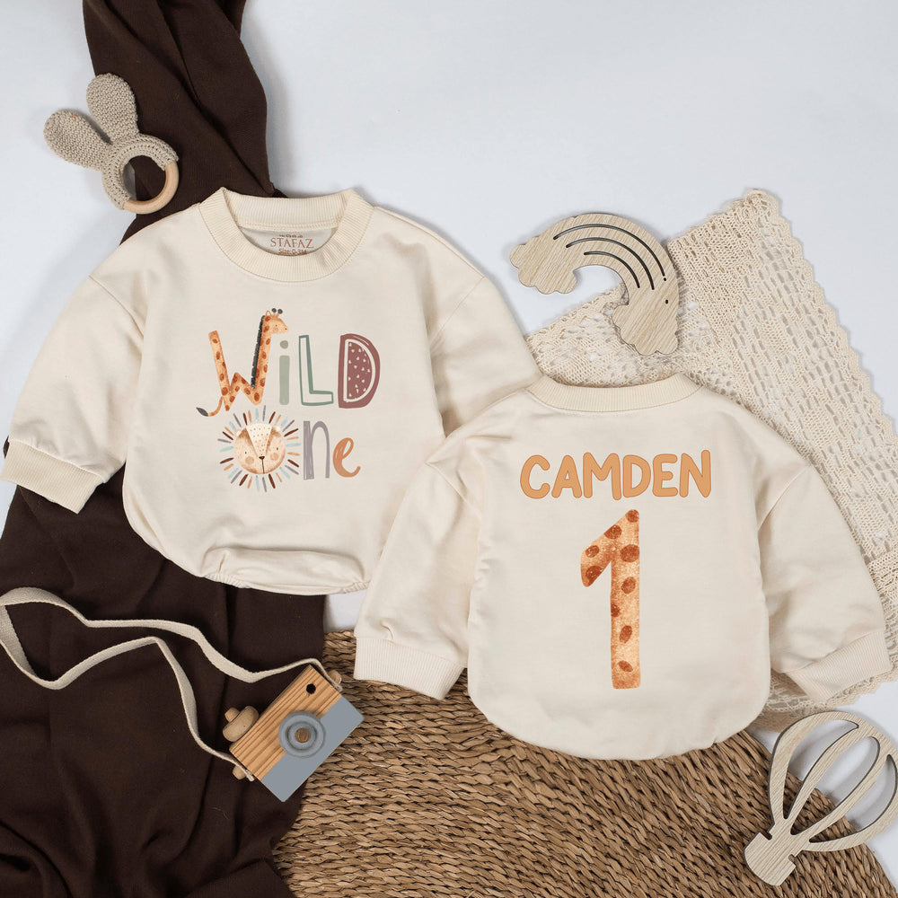 Personalized Wild One Safari Romper with Giraffe Lion Design, Custom Name Baby 1st Birthday Outfit Gift for Boys or Girls, Jungle Party