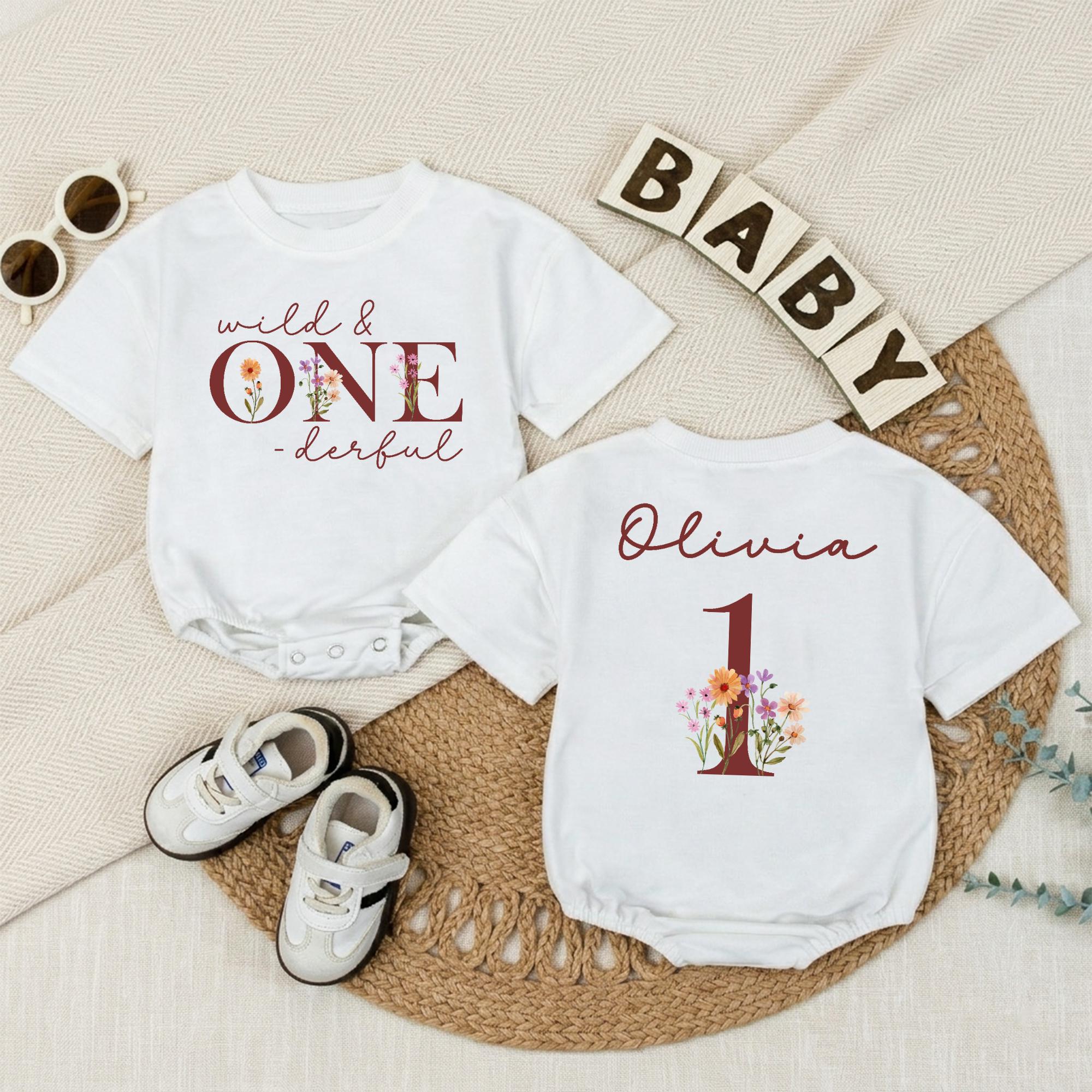 Personalized Wild ONEderful Birthday Baby Romper with Floral Artwork, Custom Name, Soft Cotton Outfit for Baby Girl's First Birthday Gift