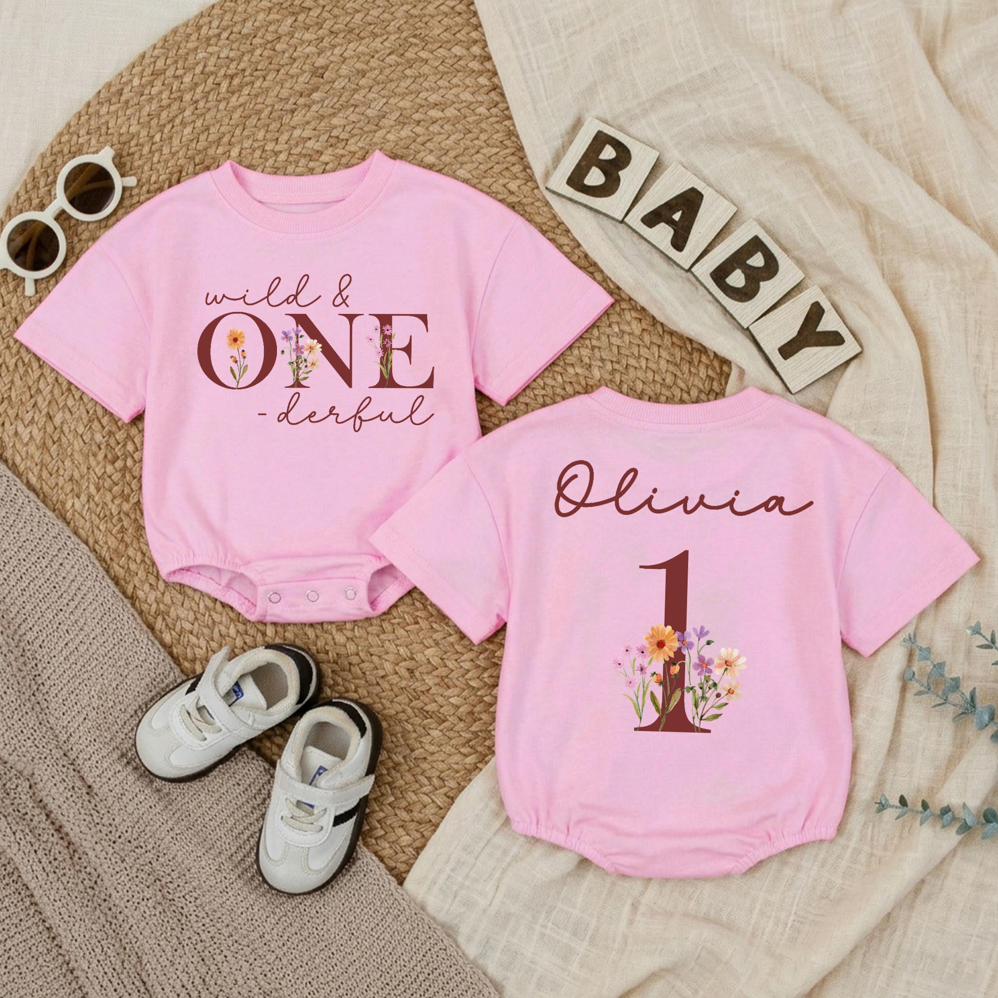 Personalized Wild ONEderful Birthday Baby Romper with Floral Artwork, Custom Name, Soft Cotton Outfit for Baby Girl's First Birthday Gift