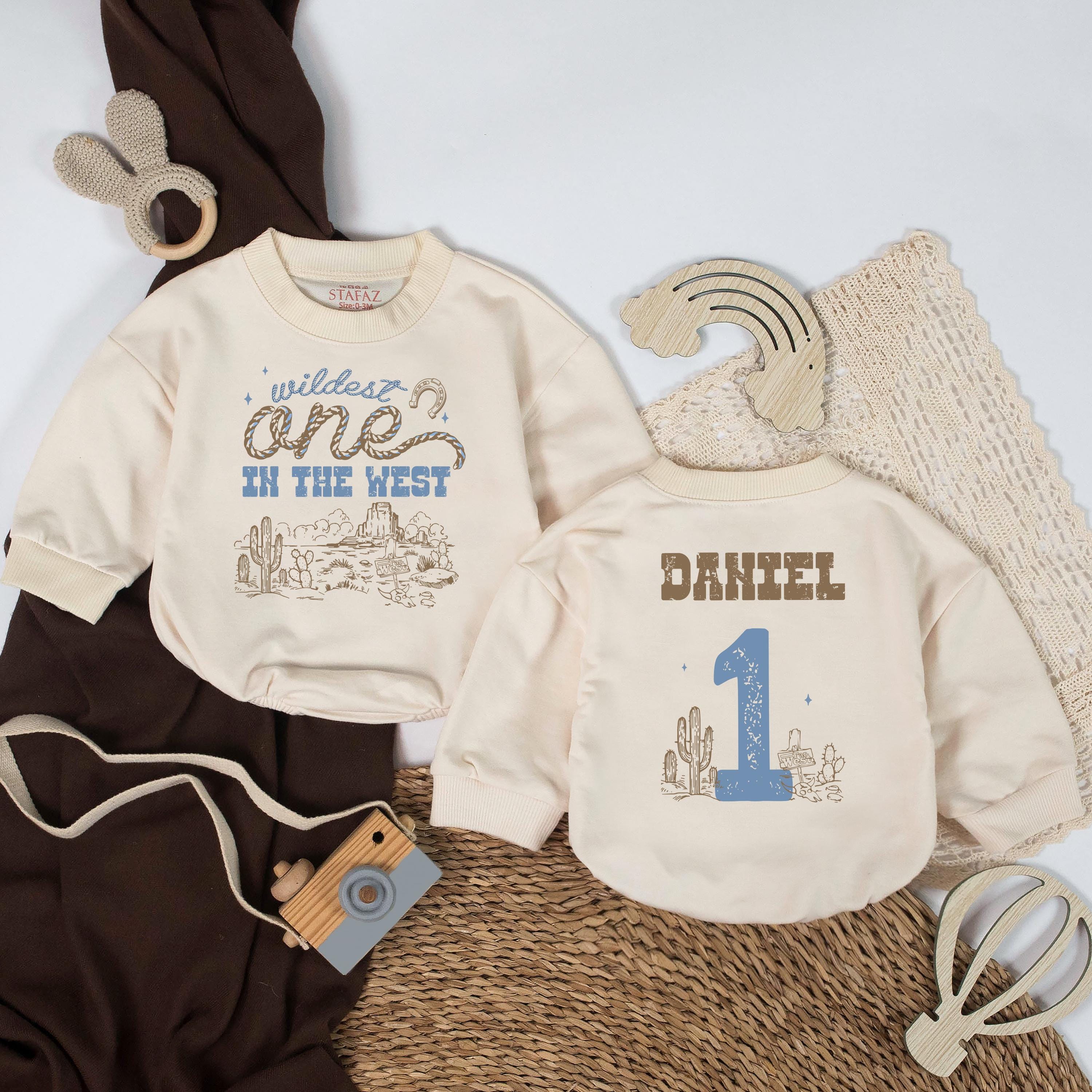 Personalized Wildest One Baby Romper with Western Theme 1st Birthday Outfit, Cowboy Bodysuit Featuring Lasso, Desert Scene, and Name Design